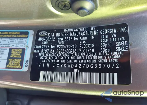 2013 Kia Sorento Sx V6 from USA, damaged, VIN 5XYKWDA27DG367072